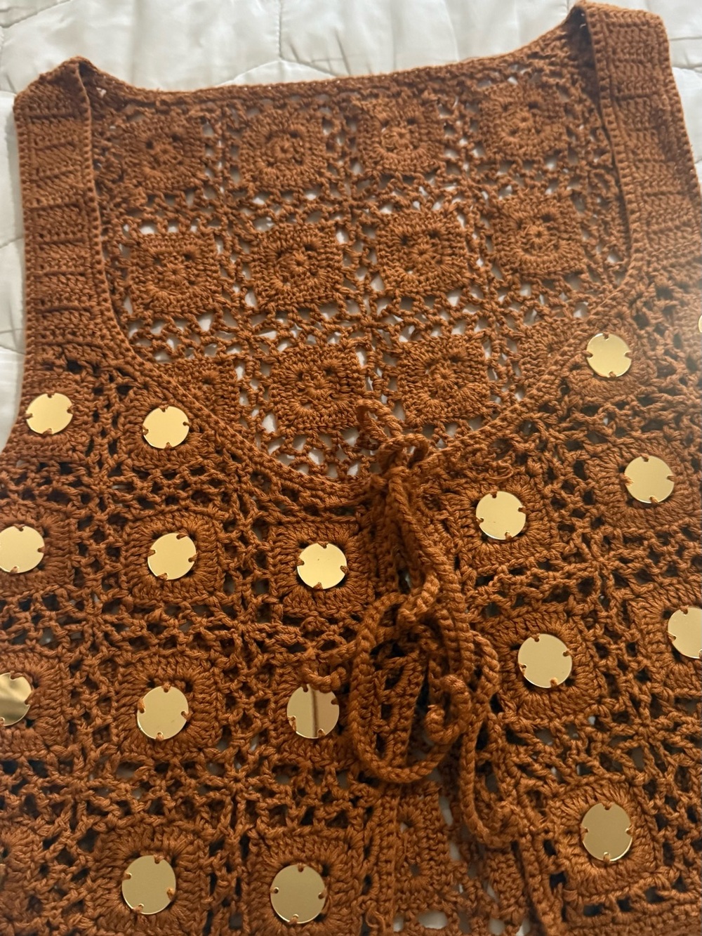 Handmade Crochet Vest with Gold Disc Accents - Rust Brown